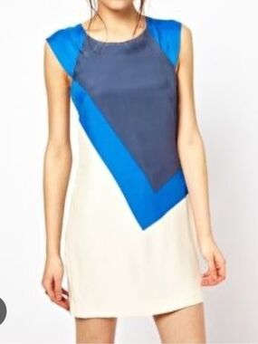 French Connection Blue, Gray and Cream Colorblock Sleeveless Mini Dress